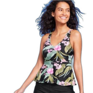 Kona Sol Tropical Floral Print Underwire V-Neck Tankini Top Large NWT